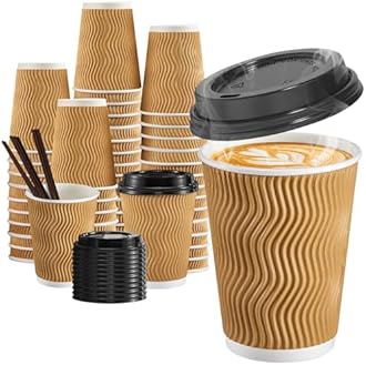 SIUQ 12 oz Coffee Cups-90 Pack Disposable Coffee Cups with Lids and Straws, Insulated Ripple Wall To Go Paper Coffee Cup for Coffee, Hot Chocolate and Hot Tea Drinks - Champagne