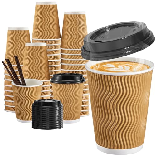 SIUQ 12 oz Coffee Cups-90 Pack Disposable Coffee Cups with Lids and Straws, Insulated Ripple Wall To Go Paper Coffee Cup for Coffee, Hot Chocolate and Hot Tea Drinks - Champagne by SIUQ - Used condition - US$22.67