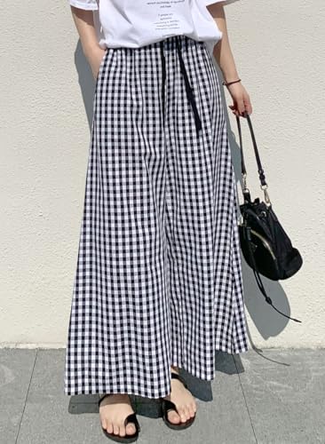 Women's High Waist Plaid Print Cropped Pant Gingham Wide Leg Palazzo Culotte Pants with Drawstring4