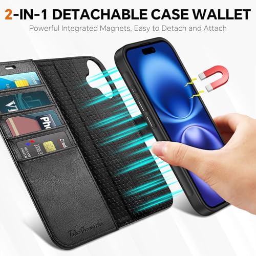 TUCCH Wallet Case for iPhone 16 Plus, [Detachable] RFID Blocking [4 Card Slots] Protective Inner Case, Magnetic PU Leather Stand Removable Folio Compatible with iPhone 16 Plus, Textured Black by TUCCH - Used condition - Image 3