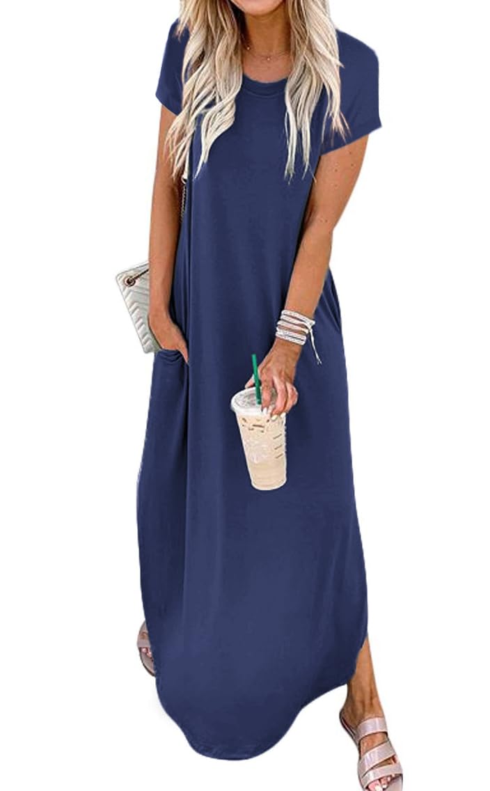 Jeqeocafy Women Summer Long Sundress Crewneck Short Sleeve Maxi Dress 2026 Casual Loose Beach Dress with Pockets
