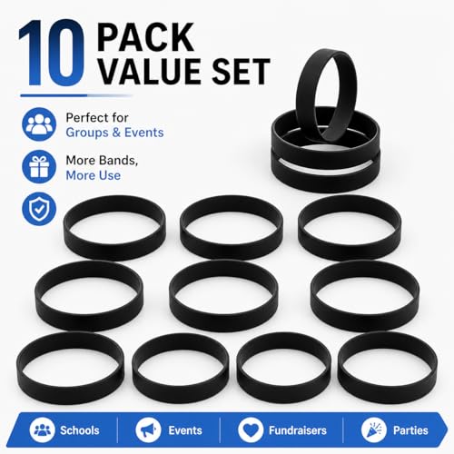 Image of Street27 10-Pack Blank Silicone Wristbands | Unisex Elastic Rubber Bracelets for Events, Sports & Parties Wear - Black