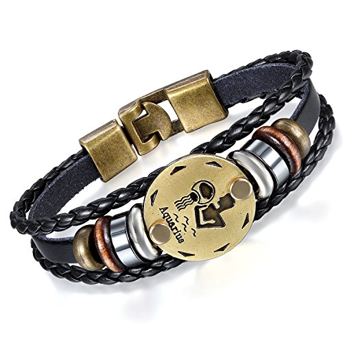 Image of Young & Forever Zodiac Sign Multi-Strand Genuine Leather Bracelet for Men & Boys - Adjustable Tribal Wristband with Antique Metal Charm