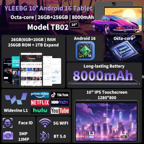 Image of 2026 Android 16 Tablet with Keyboard - 10 Inch Tablet with Gemini AI(Black) | 26GB+256GB+2TB Expand, AI Electronic Tablet PC with 8-Core, WiFi, 8000mAh, GMS, GPS, 2 in 1 Tablet with Mouse, Case, Stylus