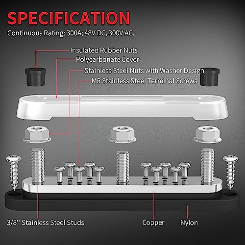 Image of DaierTek 300A Copper Bus Bar 12V, Power Distribution Block with Cover 3 x 3 /8 inch M10 Studs & 10 x M5 Terminal Screws for Car Marine Solar Battery Negative & Positive