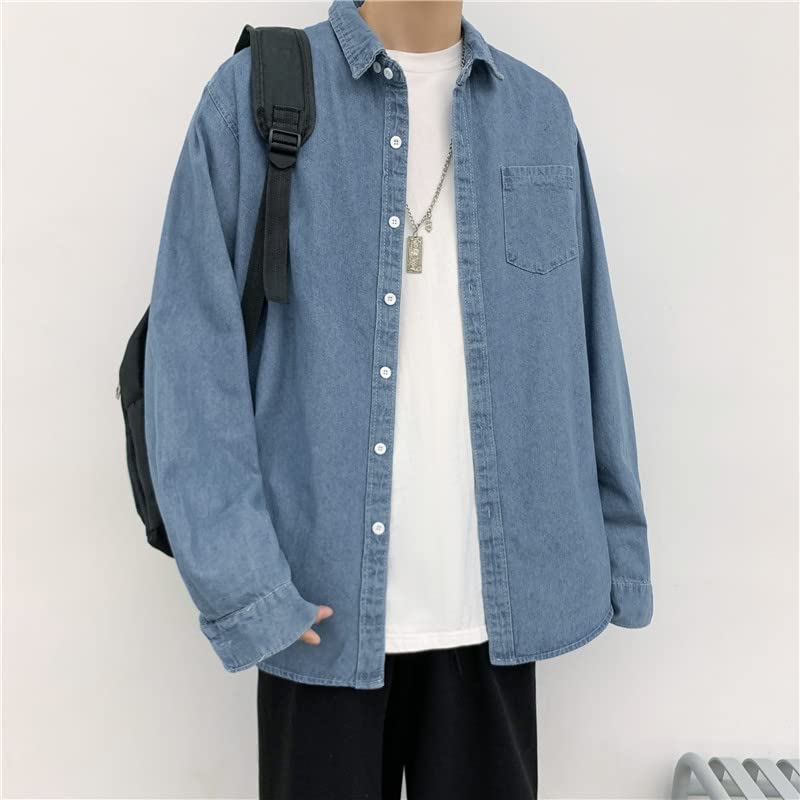 Washed Denim Grunge Shirts Long Sleeve Button Casual Jean Tops Korean Preppy Durable Oversized Jacket for Men2