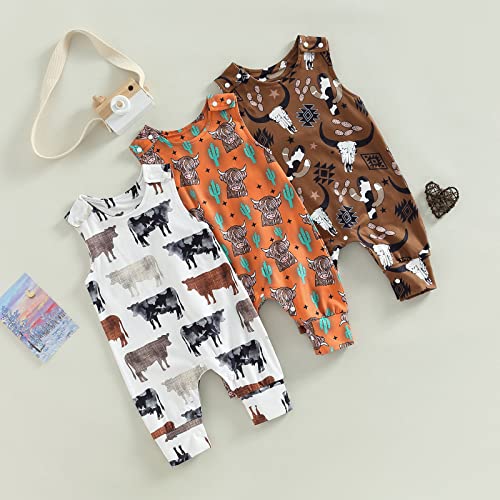 Emmababy Western Baby Boy Girl Clothes Cow Print Jumpsuit Sleeveless Boots Pattern Button Romper Infant Summer Clothes (D#02#White, 12-18 Months) #TOP5