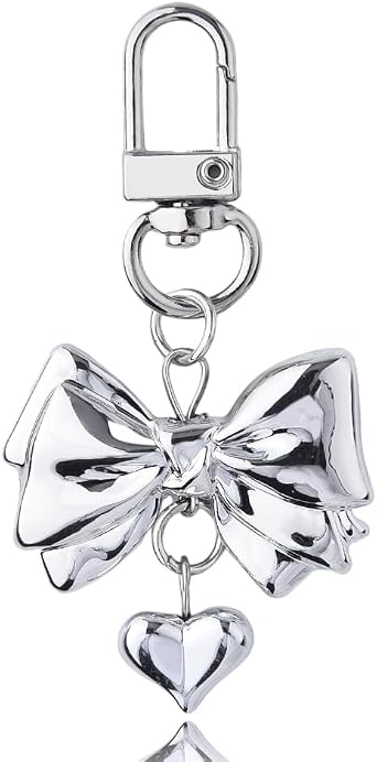 Yaozeio Silver Y2K Bow Keychain for Women Girls Heart Charm Pendant, Cute Bowknot Keychain Accessories for Car Keys, Wallet, Handbag, Purse