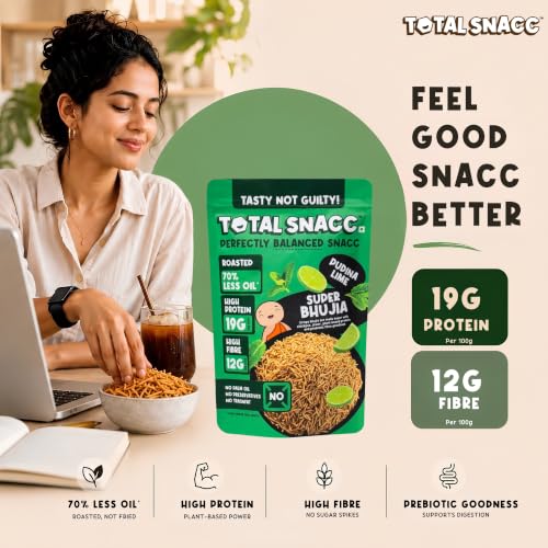 Image of TOTAL SNACC Roasted Bhujia Pudina Lime (250g x 3 Packs) | High Protein 19g, High Fibre 12g | 70% Less Oil | No Palm Oil | Baked Bhujiya | Healthy Namkeen | High Protein Snacks | Diabetic Friendly | Millet Bhujia | Low Calorie