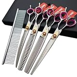 Professional Dog Grooming Shears Set Dogs Straight & thinning & Curved scissors & chunkers Scissorswith comb in 1 Set for Right-handed & Left-handed (8.0 Silvery right-handed)