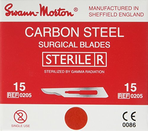 Swann-Morton 0205 Kohlenstoffstahl Chirurgische Skalpellklinge, Steril, Größe #15, Einzelne Folienverpackung, 100 Stück