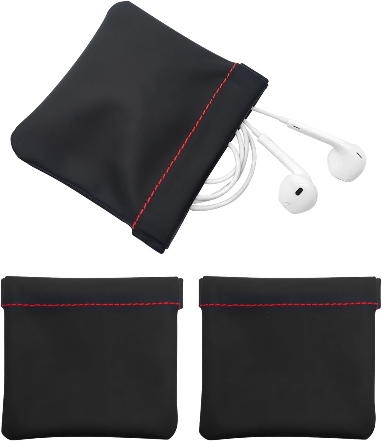 3pcs Earphone Pouch PU Leather Headphone Storage Bag Universal Spring Bag Closure Soft Elastic Snap Spring Pouch for Storing Earphones, Coins, Keys, USB Flash Drives, Jewellery