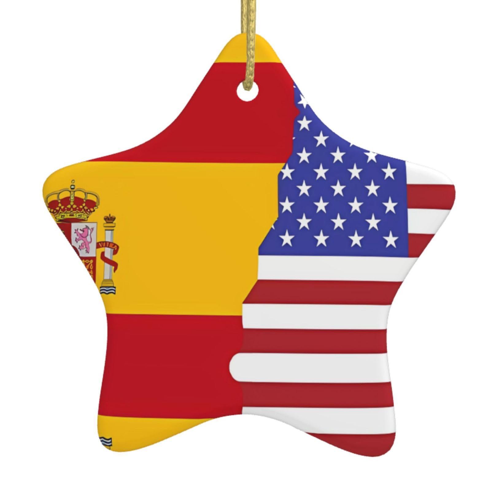 American Spain Flag Christmas Ceramic Star Pendant with Punched Holes and Gold Wire Rope, Christmas Tree Home Decoration