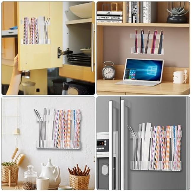 9.5¡± Large Acrylic Straw Holder for Cabinet Door, Reusable Straw Cabinet Organizer with Double-Sided Adhesive Tape for Kitchen Counter Cupboard (Transparent)