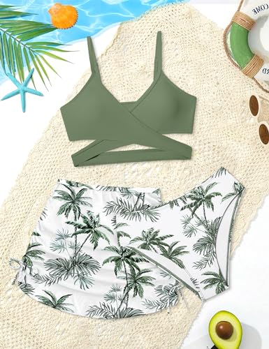 Image of Girls Swimsuits 3 Piece Bathing Suit Allover Printed Criss Cross Bikini Set with Cover Up Skirt Beach Swimwear 7-16 Years