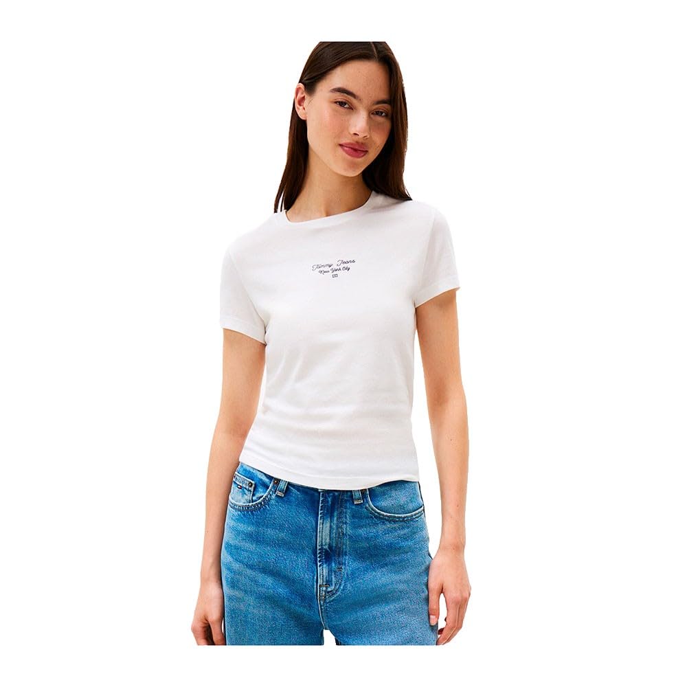 Tommy Jeans Womens Tjw Slim Ess Logo 1 Tee Ext Dw0dw21542 S/S T-Shirt, White (Ecru), M UK