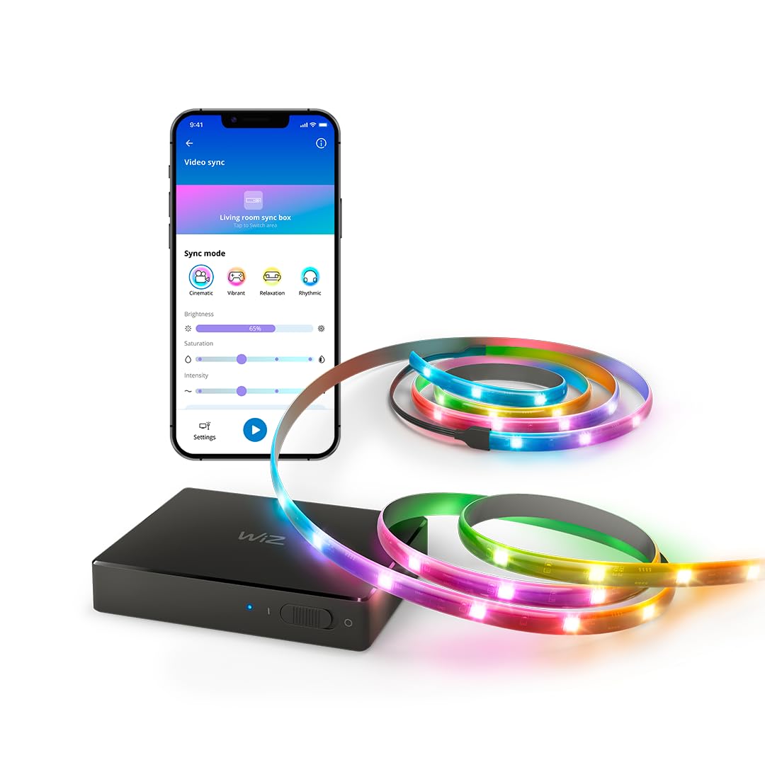 WiZ HDMI Sync Box, TV aydınlatmalı, filmler/oyunlar vs. ile senkronize ışık, HDMI 2.0, 60Hz'de 4K destekler, RGBIC LED şerit, 75 inç - 85 inç (75 inç) için, uygulama/sesli kontrol, Google ve Alexa ile