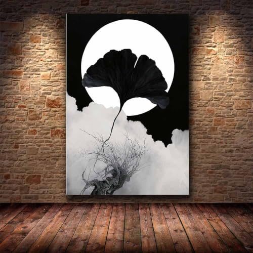 Poster Ginkgo Noir et Blanc 70x100cm Toile Moderne Lumineuse pour Salon
