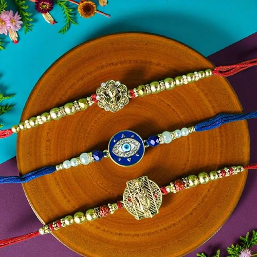 Image of Traditional Premium Rakhi Combo for Brother - Celebrate The Eternal Sibling Bond | Assorted 3 Rakhis| Kundan Rakhi | Raksha Bhandhan | Free Roli Chawal | PoPo Toys