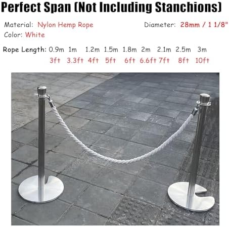 White Stanchion Hemp Rope 3ft-7ft, Twisted Crowd Control Ropes with Hooks, Safe Bed Queen Barrier Rope for Concerts & Theaters (10ft, 300cm)