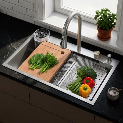 Image of Plantex Kitchen Sink for Home /304 Grade Stainless Steel Waterfall Kitchen Sink with Anti-Scratch Design /Sink with Pull-Down Faucet - (30x18x10 Inch, Matt)