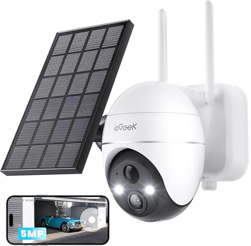 ieGeek 5MP Überwachungskamera Aussen Akku, PTZ Überwachungskamera Aussen WLAN mit Solarpanel,PIR-Bewegungsmelder, 30M Farbige Nachtsicht, Zwei-Wege-Audio, 2.4GHZ WiFi, 4DBi WLAN-Antenne-Weiß