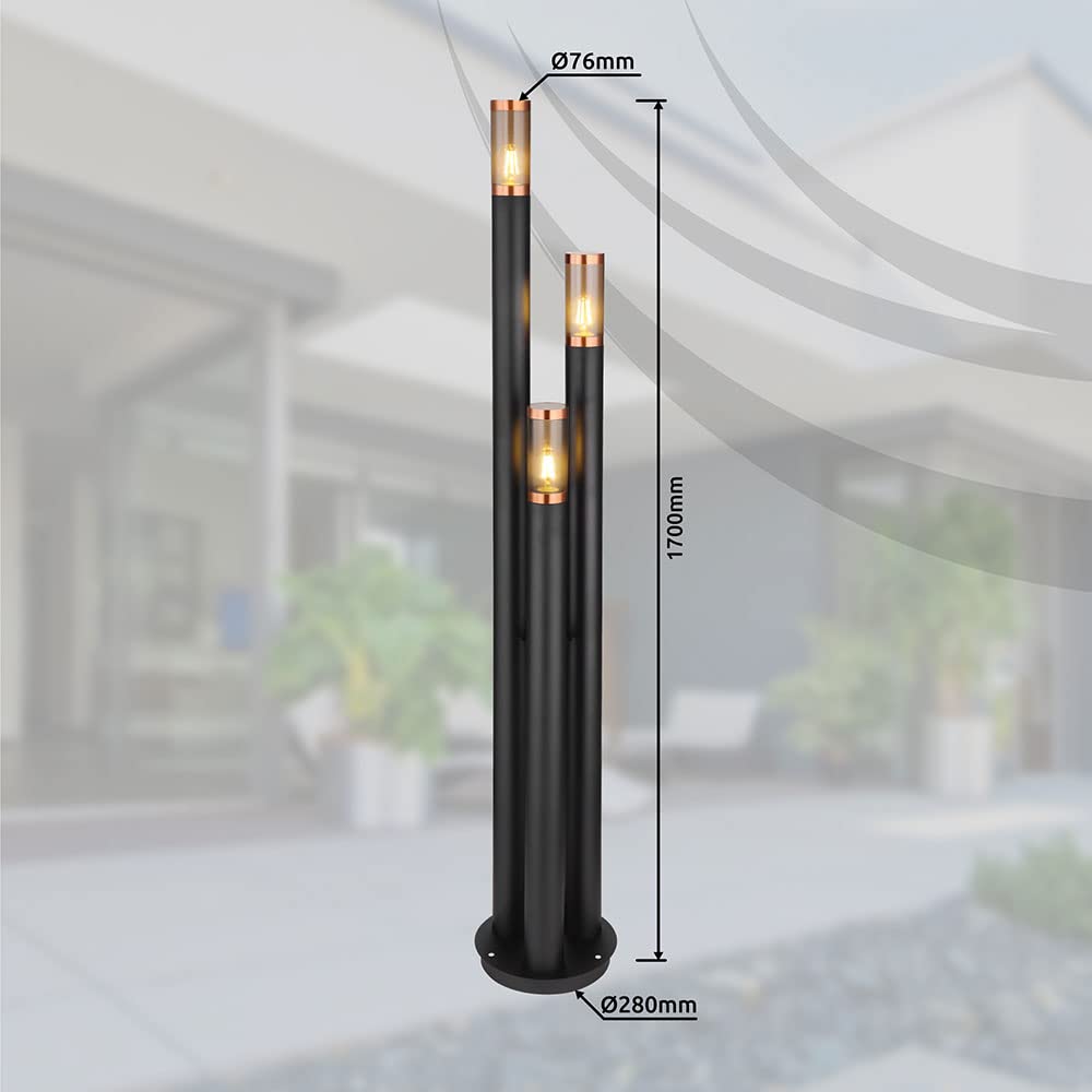 Wegeleuchten Außen Edelstahl Außenlampe Standleuchte Gartenleuchte schwarz, Kupfer rauchfarben, 3 Flammig E27, DxH 28 x 170 cm