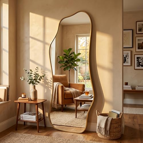 Image of Mirror Full Length - Irregular Full Body Mirror Standing or Leaning or Wall Hanging 62.2 inchx 22.8 inch Asymmetrical Aviation Aluminum Alloy Frame Unique for Bedroom, Living Room, Cloakroom, Entryway