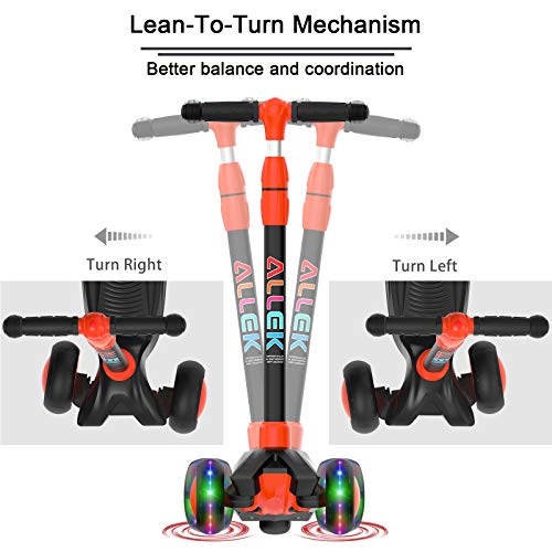 Image of Allek Kick Scooter B03, Lean 'N Glide 3-Wheeled Push Scooter with Extra Wide PU Light-Up Wheels, Any Height Adjustable Handlebar and Strong Thick Deck for Children from 3-12yrs (Black-Red)