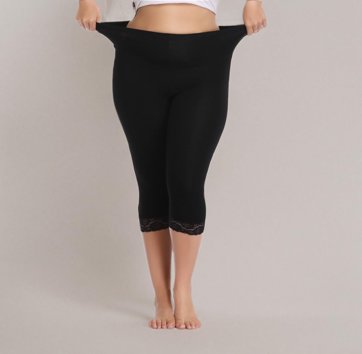 Kotii Women's Plus Size Lace Trim Capri Leggings Stretch Crop Leggings Summer Tights Pants - Image 6