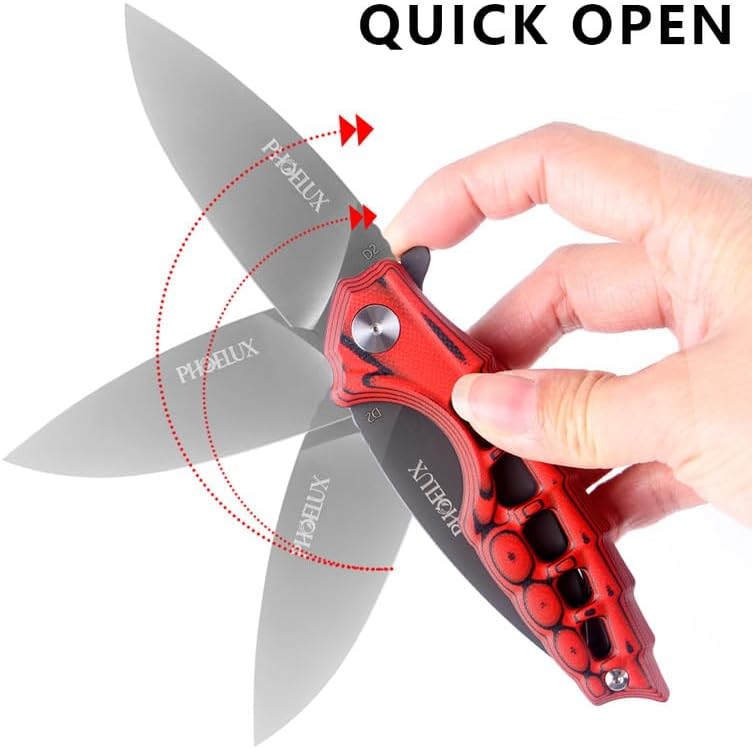 7.51" Pocket Folding Knife- D2 Blade and G10 Handle(Red Feather Pattern) EDC Knife with Pocket Clip, Liner Lock and Waterproof Box, Good for Survival Camping, Outdoor, Hiking, Hunting