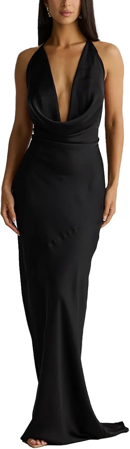 Yeenily Women Sexy Backless Maxi Dress Deep V Neck Sleeveless Halter Neck Formal Dresses Open Back Evening Gowns