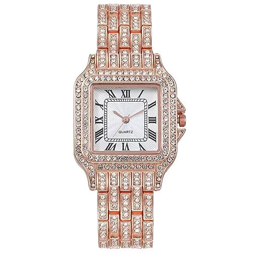 JOATVEE Diamond Watch Iced Out - Reloj analógico de cuarzo para mujer, con números romanos cuadrados, elegante y correa de diamante, Oro rosa., Pulsera JOATVEE Diamond Watch Iced Out - Reloj analógico de cuarzo para mujer, con números romanos cuadrados, elegante y correa de diamante, Oro rosa., Pulsera