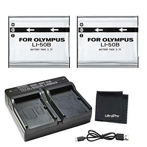 Ultrapro 2-Pack Li-50B High-Capacity Replacement Batteries W/Rapid Dual Charger For Select Olympus Cameras - Ultrapro Bundle Includes: Deluxe Microfiber Cleaning Cloth #TOP19