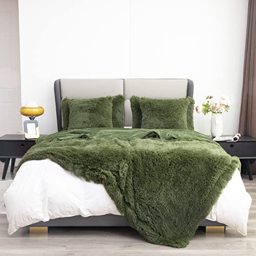 YUSOKI Faux Fur Queen Blanket(Olive Green,90" x 90"),Whithout Pillows,Winter Lightweight Plush Fuzzy Soft Cozy Microfiber Comfy Bed Blanket for Women Kids Girls Couch Sofa Washable