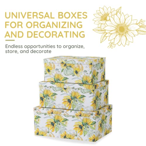 Soul & Lane Decorative Storage Cardboard Boxes With Lids | Sunny Days - Set Of 3 | Yellow Floral Paperboard Nesting Boxes With Sunflowers And Pumpkins #TOP1