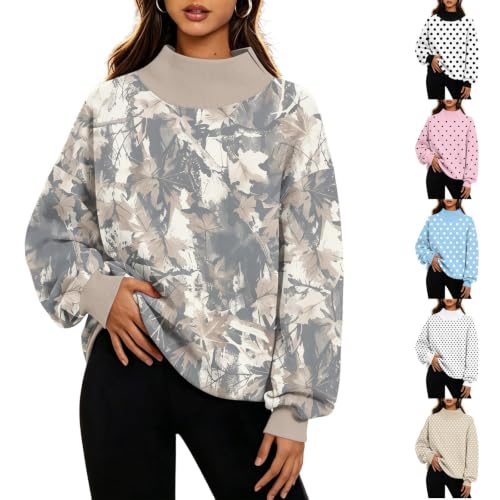 Women Mock Neck Sweatshirt Maple Leaf Print Ribbed Cuffs Side Slit Clothing