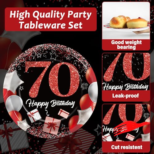 Image of gisgfim 96 Pcs 70th Birthday Plates and Napkins Party Supplies 70 Years Old Party Tableware Set Red Black Dinner Dessert Plates 70th Birthday Decorations Favors for Man Women for 24 Guests