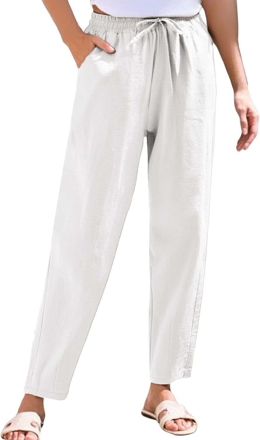 Linen Pants for Women Loose Straight Leg Pant Drawstring Elastic Waist Lounge Pant Summer Beach Trousers with Pockets