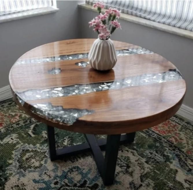 River Coffee Table Small Farmhouse Furniture Rustic Solid Teak Mango Wood Side End Round Crushed Glass Resin Vintage Industrial Retro Large Legs