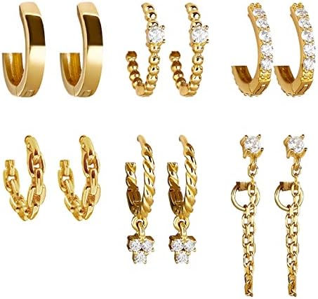 6 Pairs Gold Huggies Hoop Earrings Set for Women Girls Small Dangle Chain Hoop Earrings Jewelry for Gifts Twisted Hoop Earrings