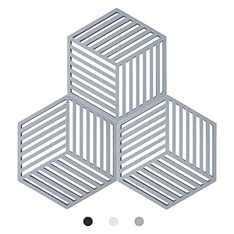 Coomazy Silicone Trivet mat 3PCS Silicone Table Mats Non-Slip Pot Holder Coasters Cup Mat for Kitchen Table, Pad Hot Pads, Spoon Rest, Cooking & Dining (Grey, Hexagon-Stripe:160x138x8mm) Cover