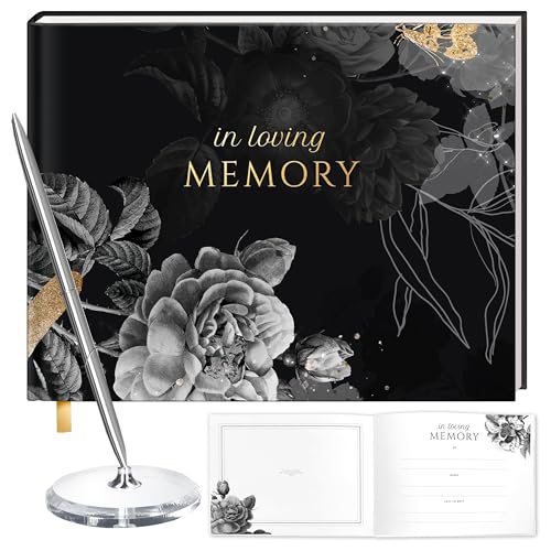 Elegant Black Floral Funeral Guest Book – 95 Pages, Gold