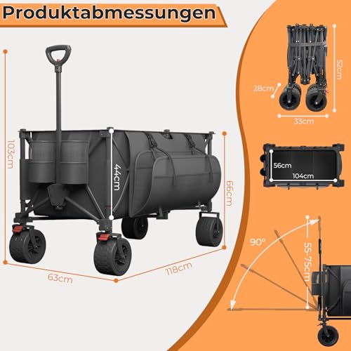 TRIUMPHKEY Bollerwagen Faltbar 260L 150KG Belastbar, Faltbarer Bollerwagen Geländetauglich mit Bremsen und Extra Breite Reifen All Terrain Bollerwagen, Grau