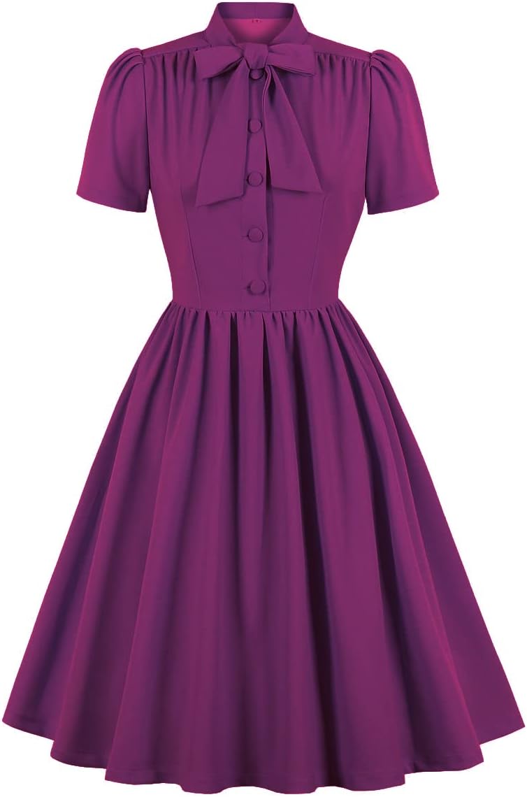 Women's Button up Tie Neck Office Lady Work Vintage Dress
