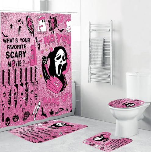 ONIBOGO 4Pcs Halloween Shower Curtain Set Gothic Pink Scary Shower Curtain Set for Halloween Bathroom Decor with Anti-Slip Waterproof Bathtub Bathroom Rugs Toilet Lid Cover