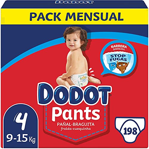 Dodot Pañales Bebé Pants Talla 4 (9-15 kg), 198 Pañales, Pañal-Braguita con Ajuste 360° Anti-Fugas, Pack Mensual