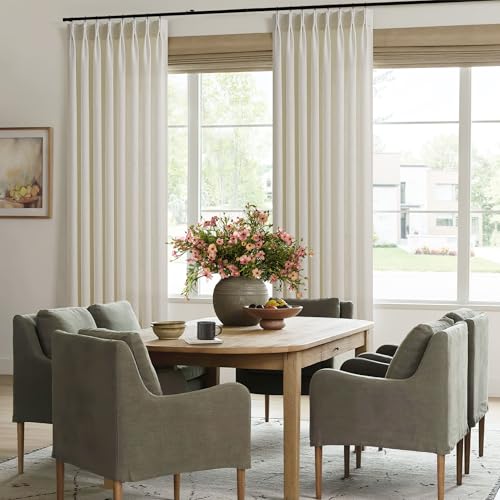 Image of Oatmeal Pinch Pleated Linen Curtains 96 Inches Long for Living Room | Beige, Tan, Bedroom, Light Filtering, Pinch Pleat, Hooks Rings, Back Tab, Neutral, Country, Farmhouse, Drapes, 1 Panel