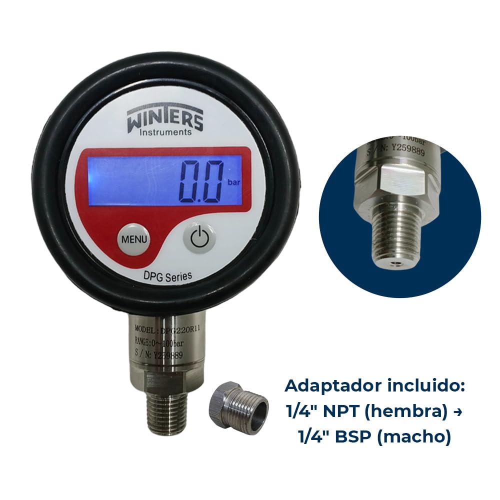 *Envío el mismo día* Manómetro digital de la serie Winter DPG (0 a 700 bar) – Incluye adaptador 1/4 NPT hembra a 1/4 BSP macho – Con certificado de calibración Manómetro digital para sistemas HVAC