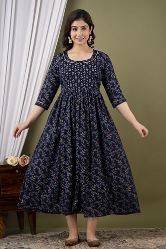 Image of Amazon Brand - Tavasya Women Botanical Floral Printed Maternity Midi Dress | Round Neck | 3 /4 Ruffle Sleeves | Concealed Feeding Zip | Gathered Tiered Nursing Dress